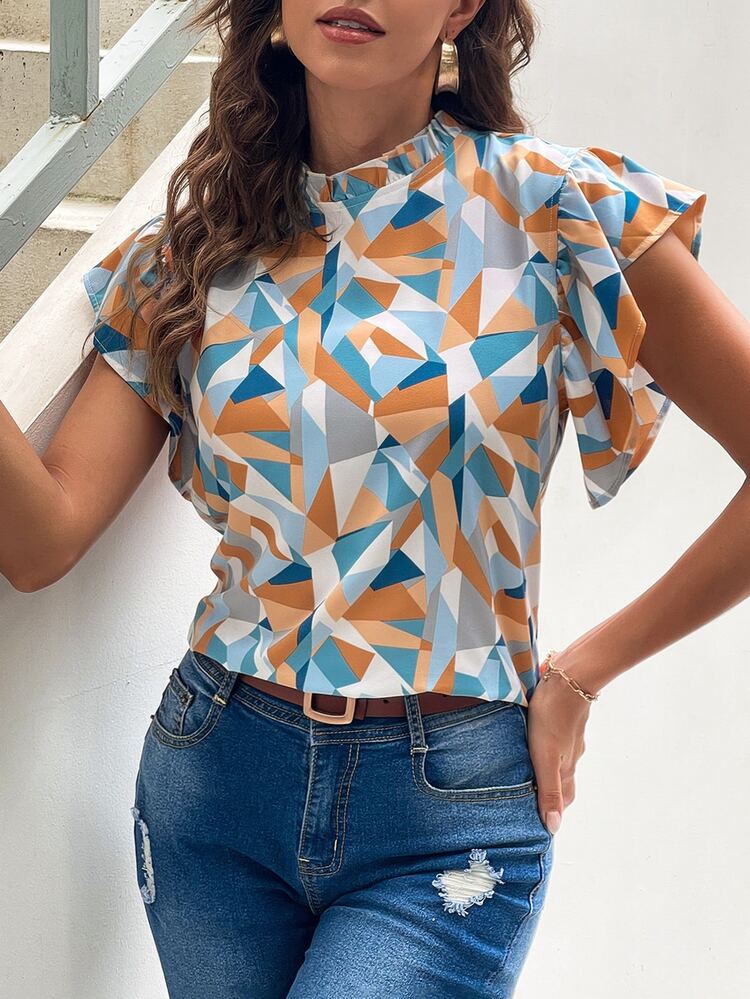 SHEIN LUNE Geo Graphic Mock Neck Keyhole Back Blouse - Multicolor - View 3