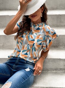 SHEIN LUNE Blusa con estampado geométrico de cuello alto de espalda con abertura de ojo - Multicolor - Ver 4