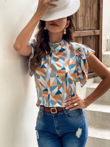 SHEIN LUNE Blusa con estampado geométrico de cuello alto de espalda con abertura de ojo - Multicolor - Ver 5