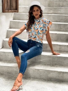 SHEIN LUNE Blusa con estampado geométrico de cuello alto de espalda con abertura de ojo - Multicolor - Ver 6
