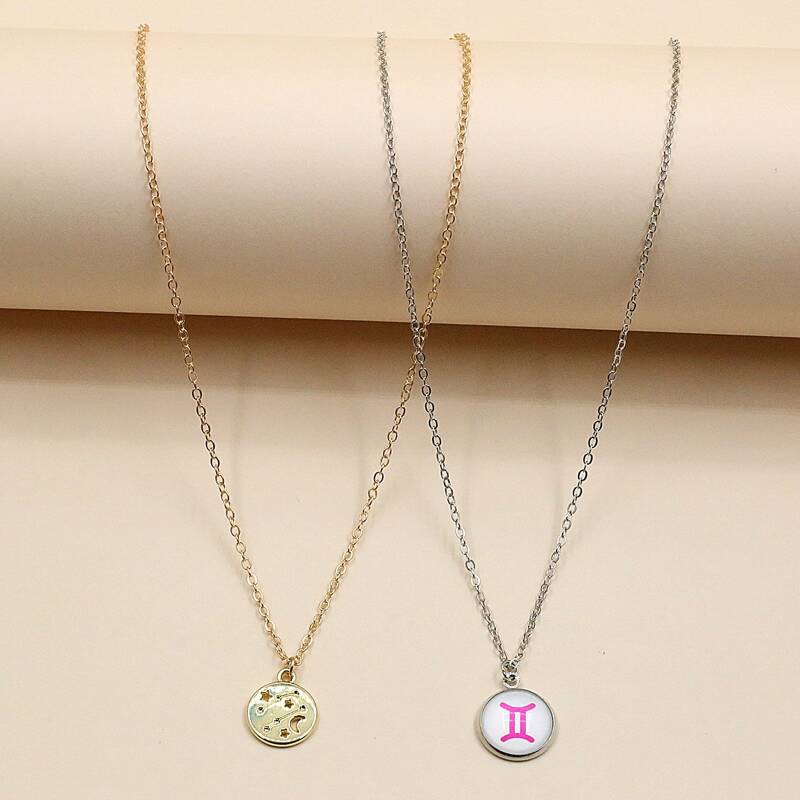 

2pcs Constellation Pendant Necklace, Multicolor