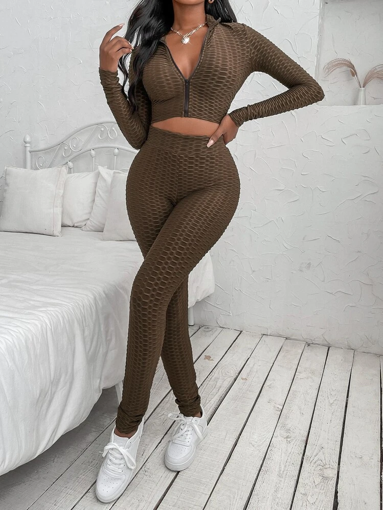 SHEIN SXY Honeycomb Textured Zipper Front Crop Top With Leggings