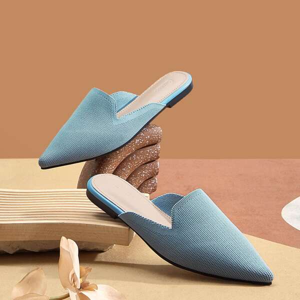 

Minimalist Knit Flat Mules, Baby blue