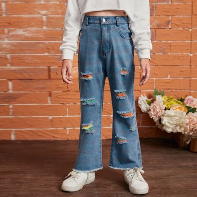 Girls Ripped Raw Hem Jeans