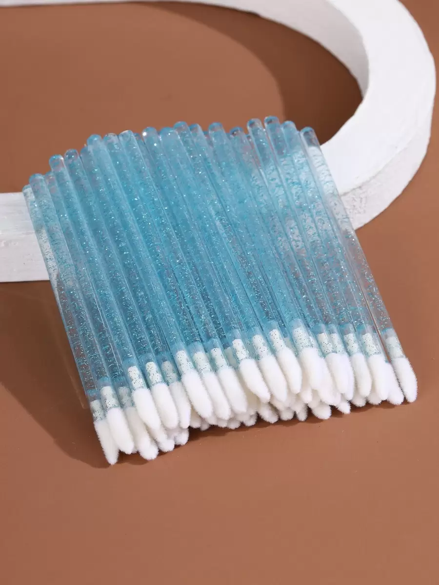 50入組使用於口紅、唇彩和眼影的一次性唇刷,水晶手柄設計,附有個別包裝的絨面刷頭,適用於睫毛膏的絨面刷頭 - 淺藍色 - 查看 1