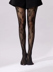Floral Print Fishnet Tights - Black - View 1
