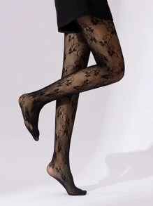 Floral Print Fishnet Tights - Black - View 3