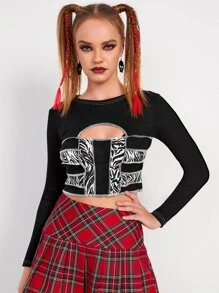 SHEIN Cutout Front Zebra Striped Crop Top - Black and White - View 2