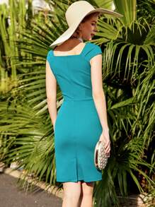 MIUSOL Retro Sweetheart Neck Ruched Cap Sleeve Cocktail Party Slim Pencil Dress - Teal Blue - View 2