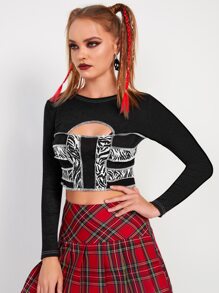 SHEIN Cutout Front Zebra Striped Crop Top - Black and White - View 1