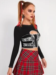 SHEIN Cutout Front Zebra Striped Crop Top - Black and White - View 5