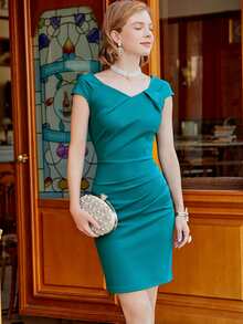 MIUSOL Retro Sweetheart Neck Ruched Cap Sleeve Cocktail Party Slim Pencil Dress - Teal Blue - View 4