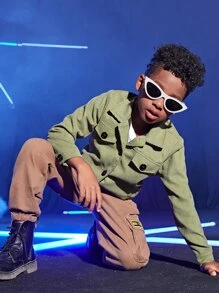 Boys Flap Detail Button Up Corduroy Jacket - Army Green - View 1