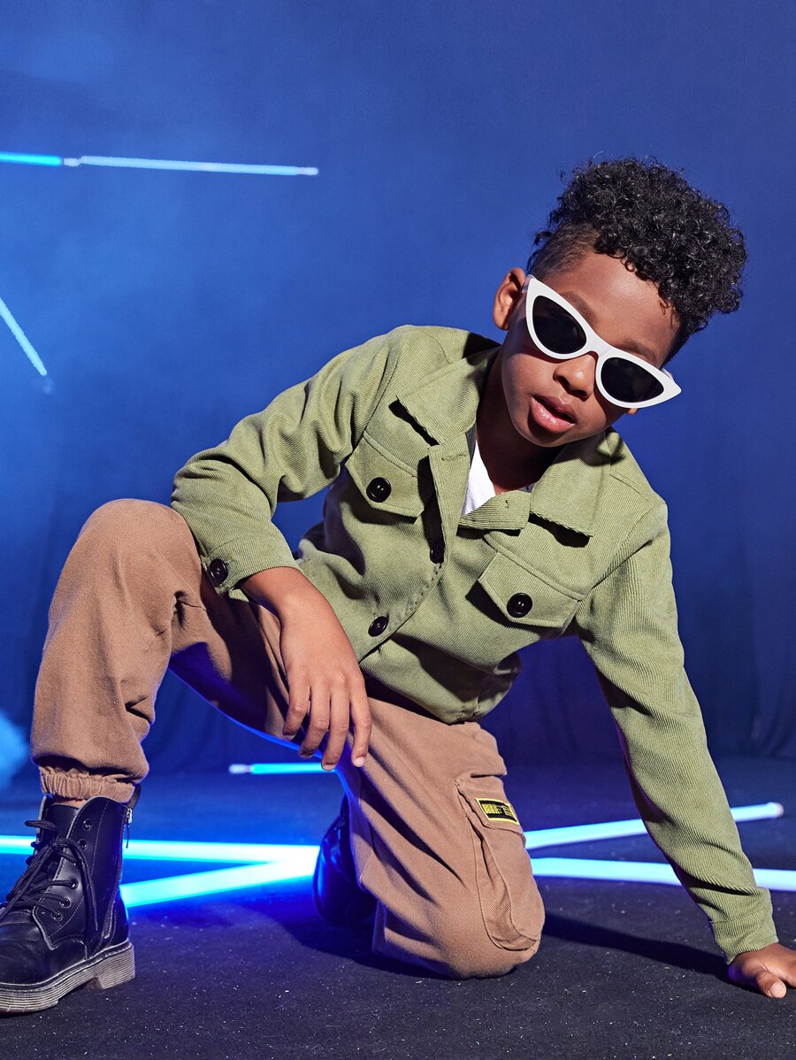 Boys Flap Detail Button Up Corduroy Jacket - Army Green - View 1