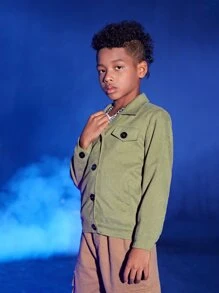 Boys Flap Detail Button Up Corduroy Jacket - Army Green - View 3