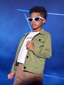 Boys Flap Detail Button Up Corduroy Jacket - Army Green - View 4