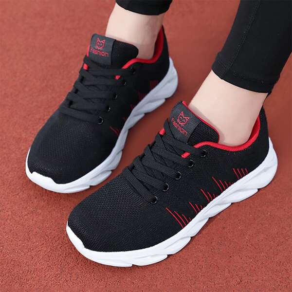 

Striped Pattern Breathable Running Shoes, Black