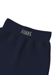 SHEIN ICON 90s Letter Embroidered Rib-knit Cycling Shorts - Navy Blue - View 3