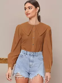 SHEIN Privé 褶邊燈籠袖襯衫 - 咖啡棕 - 查看 1