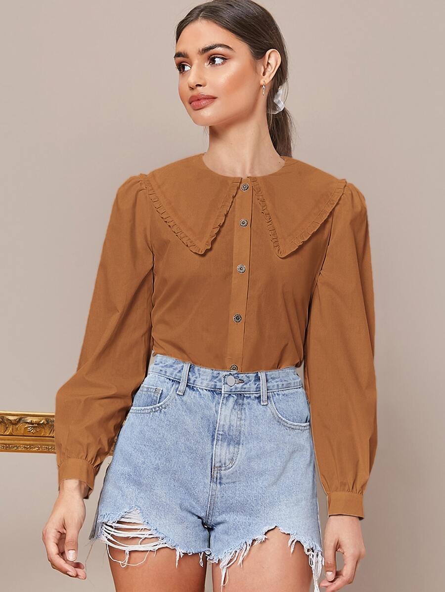 SHEIN Privé 褶邊燈籠袖襯衫 - 咖啡棕 - 查看 1