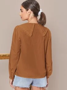 SHEIN Privé 褶邊燈籠袖襯衫 - 咖啡棕 - 查看 2