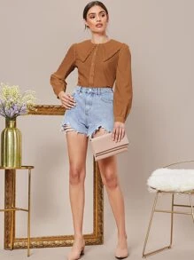 SHEIN Privé 褶邊燈籠袖襯衫 - 咖啡棕 - 查看 4