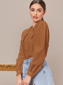 SHEIN Privé 褶邊燈籠袖襯衫 - 咖啡棕 - 查看 5