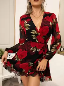 Floral Print Wrap Mesh Detail Dress - Multicolor - View 1