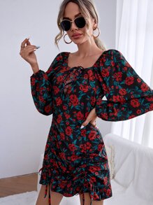 SHEIN Privé Đầm Dây kéo Ren lên Viên lá sen Hoa Tất cả trên in Boho - Nhiều màu - Xem 1