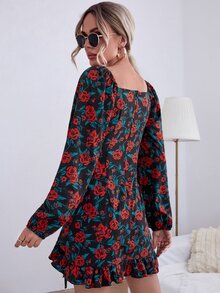 SHEIN Privé Đầm Dây kéo Ren lên Viên lá sen Hoa Tất cả trên in Boho - Nhiều màu - Xem 2
