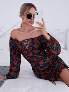 SHEIN Privé Đầm Dây kéo Ren lên Viên lá sen Hoa Tất cả trên in Boho - Nhiều màu - Xem 3