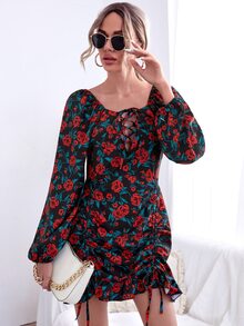 SHEIN Privé Đầm Dây kéo Ren lên Viên lá sen Hoa Tất cả trên in Boho - Nhiều màu - Xem 5