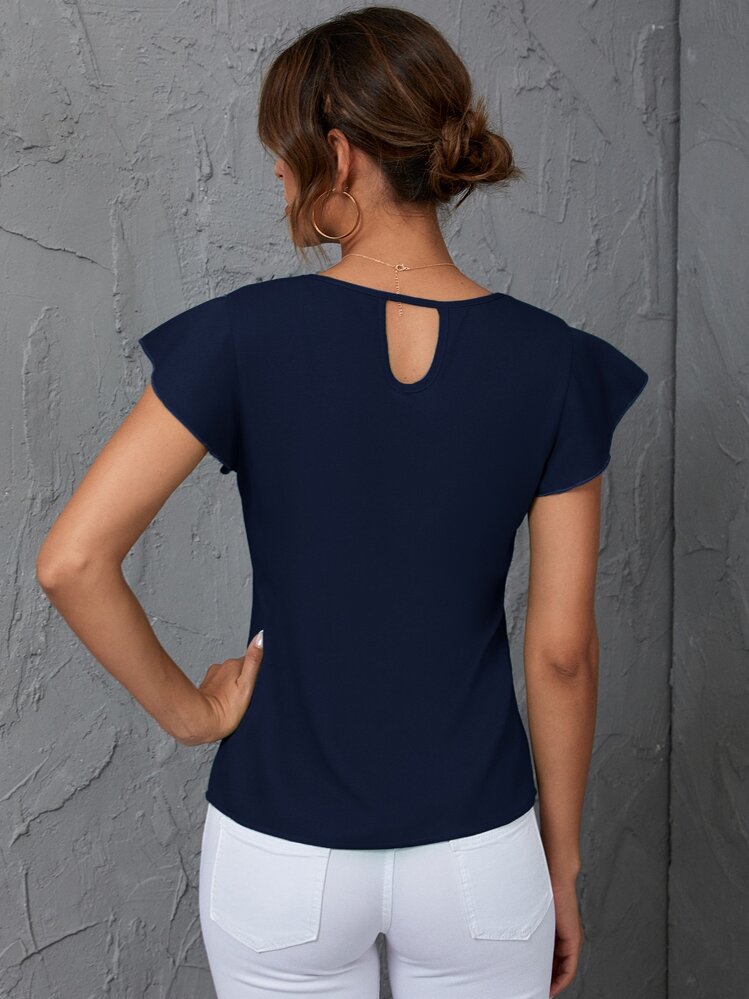 SHEIN Clasi Butterfly Sleeve Keyhole Back Blouse - Navy Blue - View 2