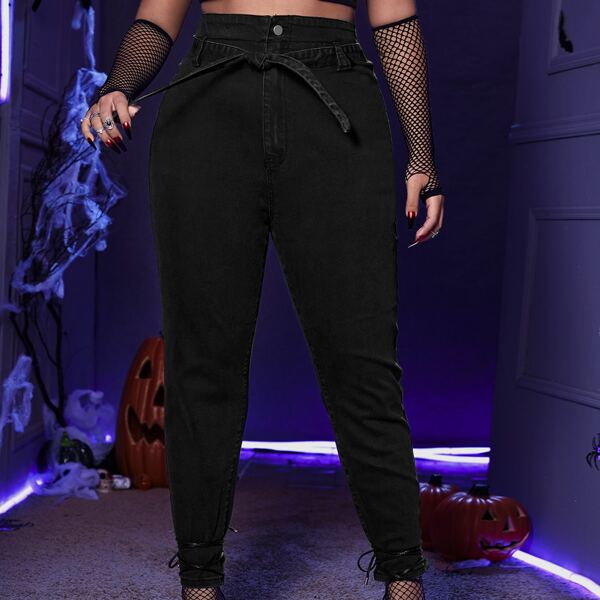 

Plus High Waist Knot Hem Belted Skinny Jeans, Black