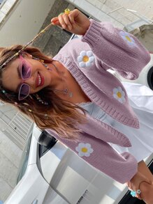 Chiquease 女式花卉图案落袖开衫秋冬装 - 紫丁香色 - 查看 3