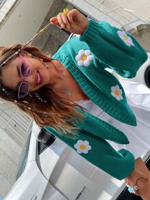 SHEIN Unity Women's Colorblock Floral Decor Casual Long Sleeve Cardigan - Cadet Blue - View 4