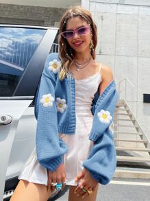 SHEIN Unity Floral Pattern Drop Sleeve Cardigan - Baby Blue - View 1