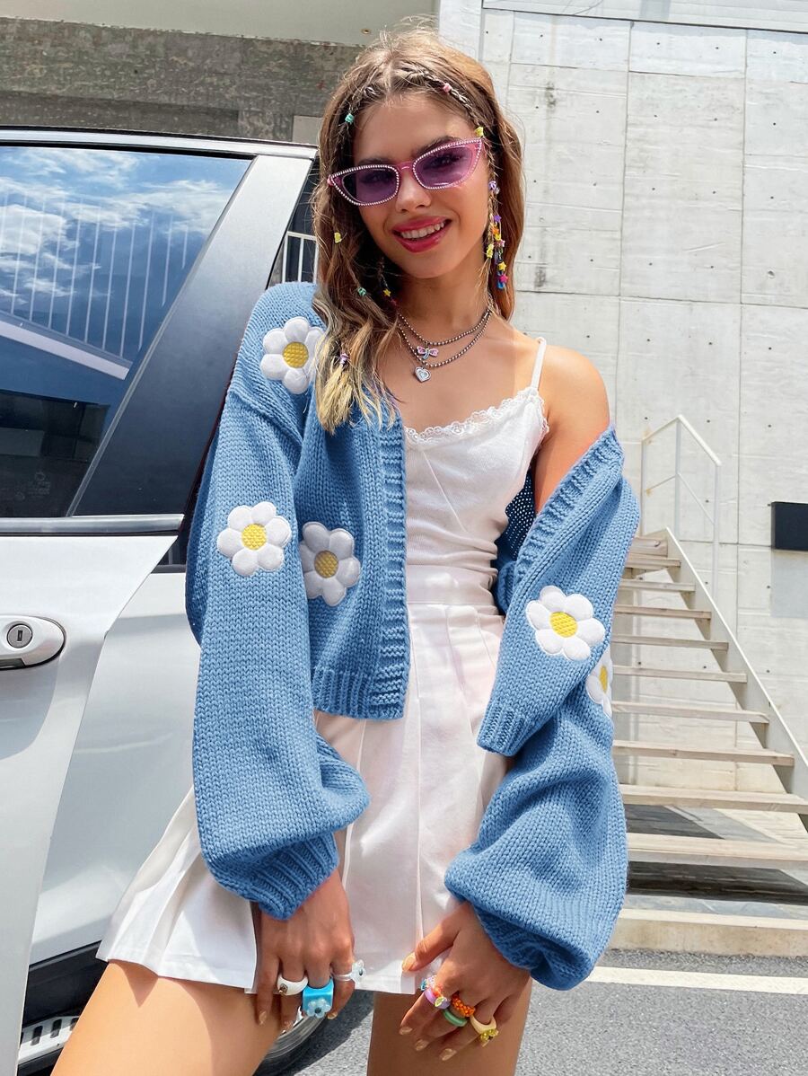 SHEIN Unity Floral Pattern Drop Sleeve Cardigan - Baby Blue - View 1