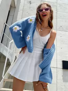 SHEIN Unity Floral Pattern Drop Sleeve Cardigan - Baby Blue - View 3