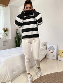 Jersey de cuello tortuga de rayas - Blanco y Negro - Ver 4