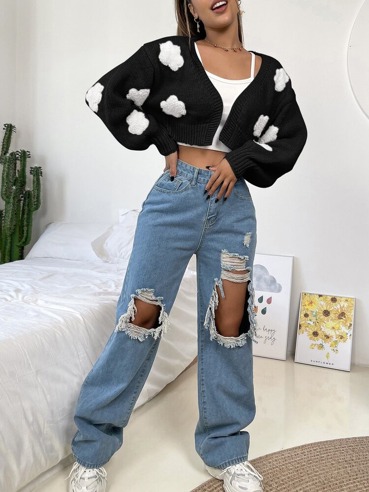 SHEIN Unity Clouds Pattern Cardigan Without Camisole - Black - View 8