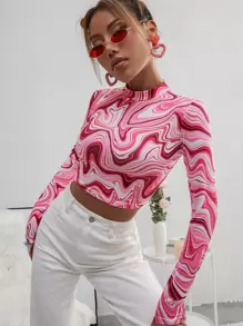 SHEIN Unity Camiseta corta de cuello alto con estampado de mármol, blusas gráficas para mujeres - Multicolor - Ver 1