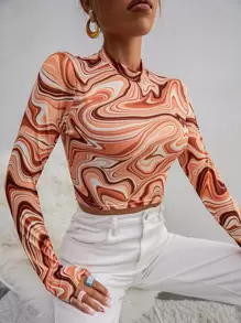 SHEIN Unity Marble Print Mock Neck Crop Tee - Multicolor - View 1