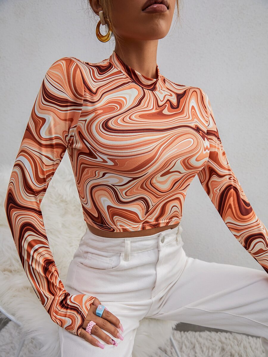 SHEIN Unity Marble Print Mock Neck Crop Tee - Multicolor - View 1