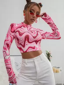 SHEIN Unity Camiseta corta de cuello alto con estampado de mármol, blusas gráficas para mujeres - Multicolor - Ver 3
