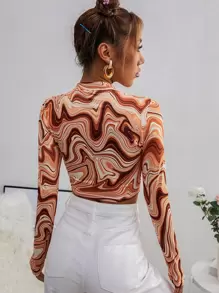 SHEIN Unity Marble Print Mock Neck Crop Tee - Multicolor - View 2
