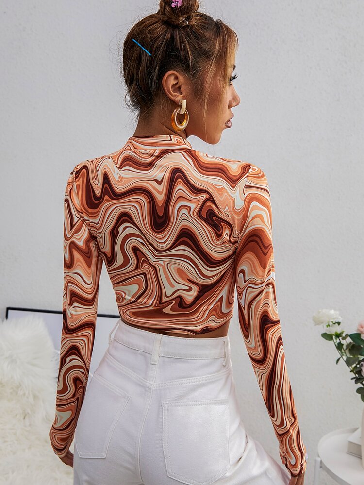 SHEIN Unity Marble Print Mock Neck Crop Tee - Multicolor - View 2