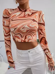 SHEIN Unity Marble Print Mock Neck Crop Tee - Multicolor - View 3