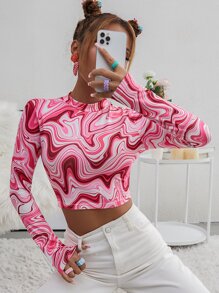 SHEIN Unity Camiseta corta de cuello alto con estampado de mármol, blusas gráficas para mujeres - Multicolor - Ver 7