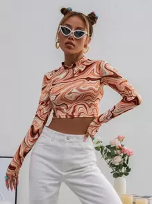 SHEIN Unity Marble Print Mock Neck Crop Tee - Multicolor - View 5